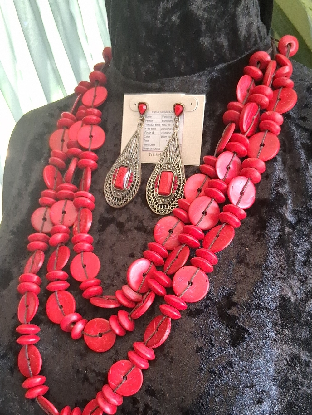 Versona Red Multi-Strand Beaded Necklace with Drop Earrings